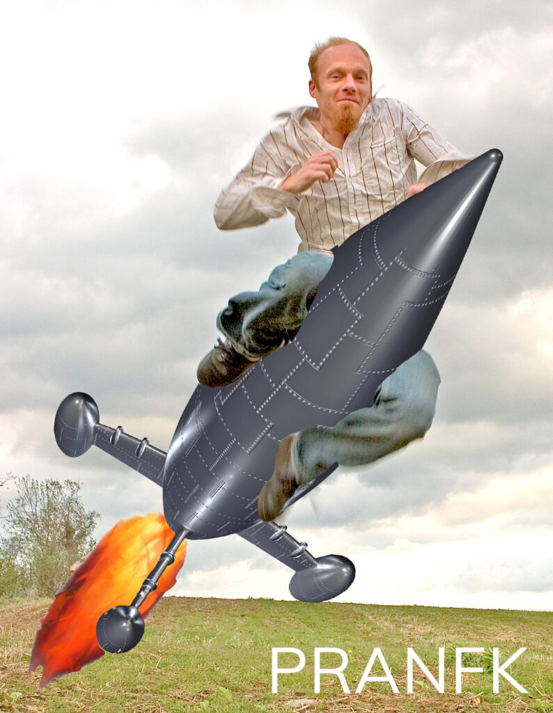 Mark Karlsen riding a rocket